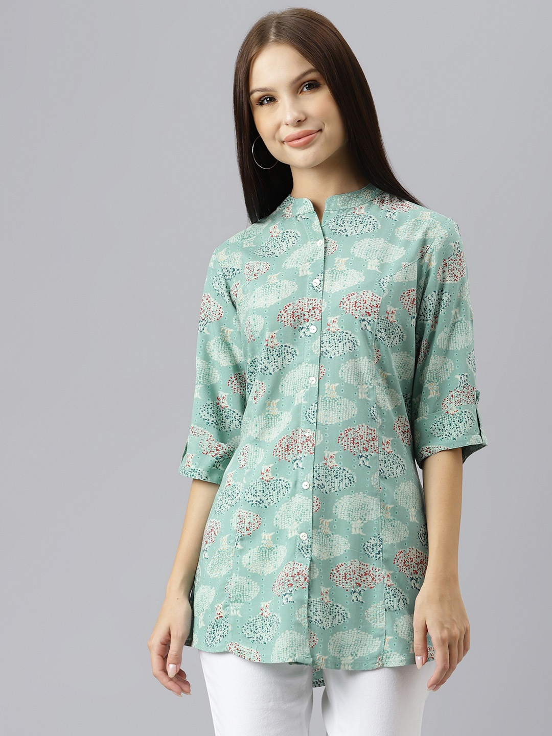 

Divena Sea Green Floral Print Mandarin Collar Roll-Up Sleeves Shirt Style Top