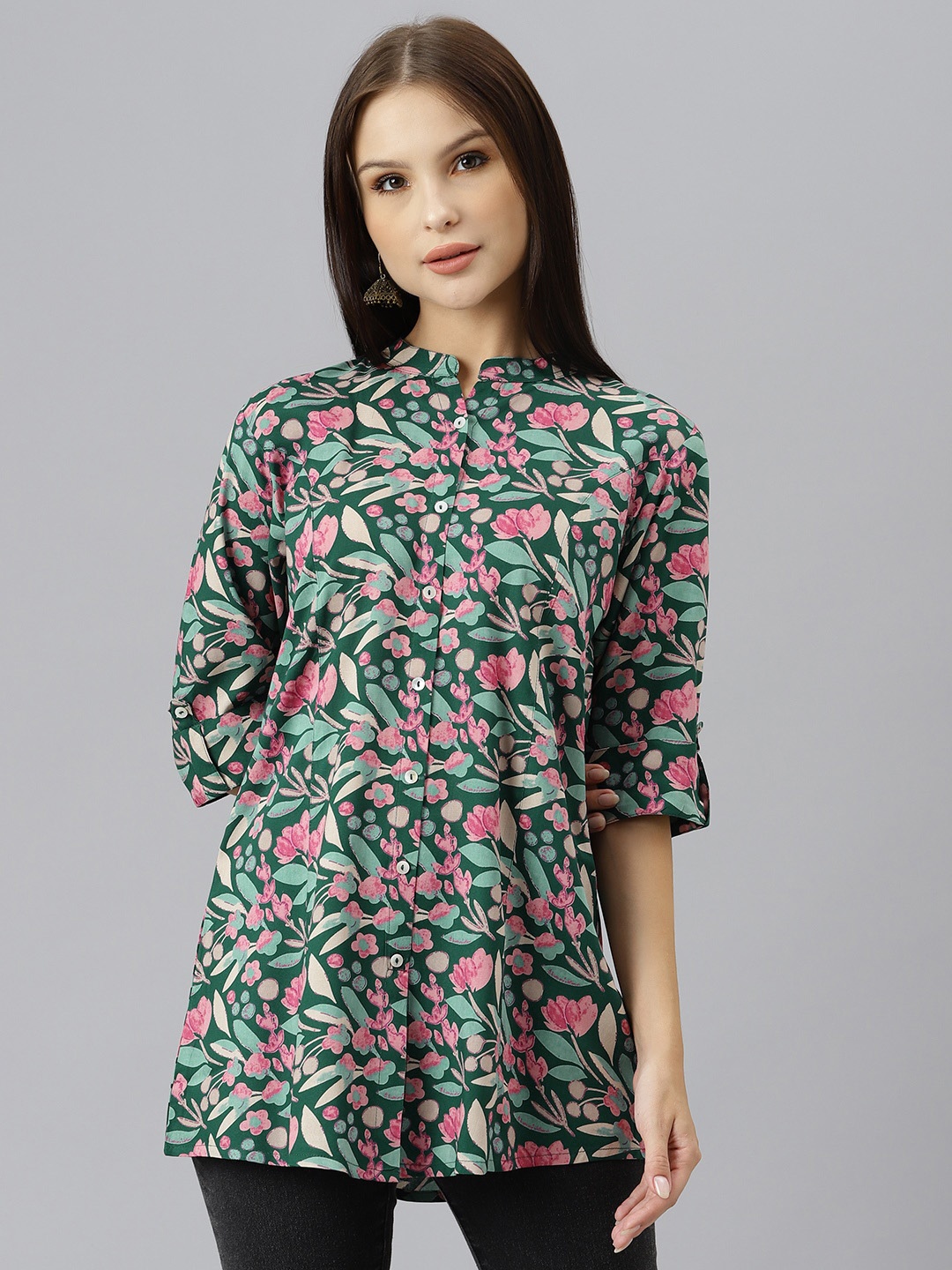 

Divena Green & Pink Floral Print Mandarin Collar Roll-Up Sleeves Shirt Style Top