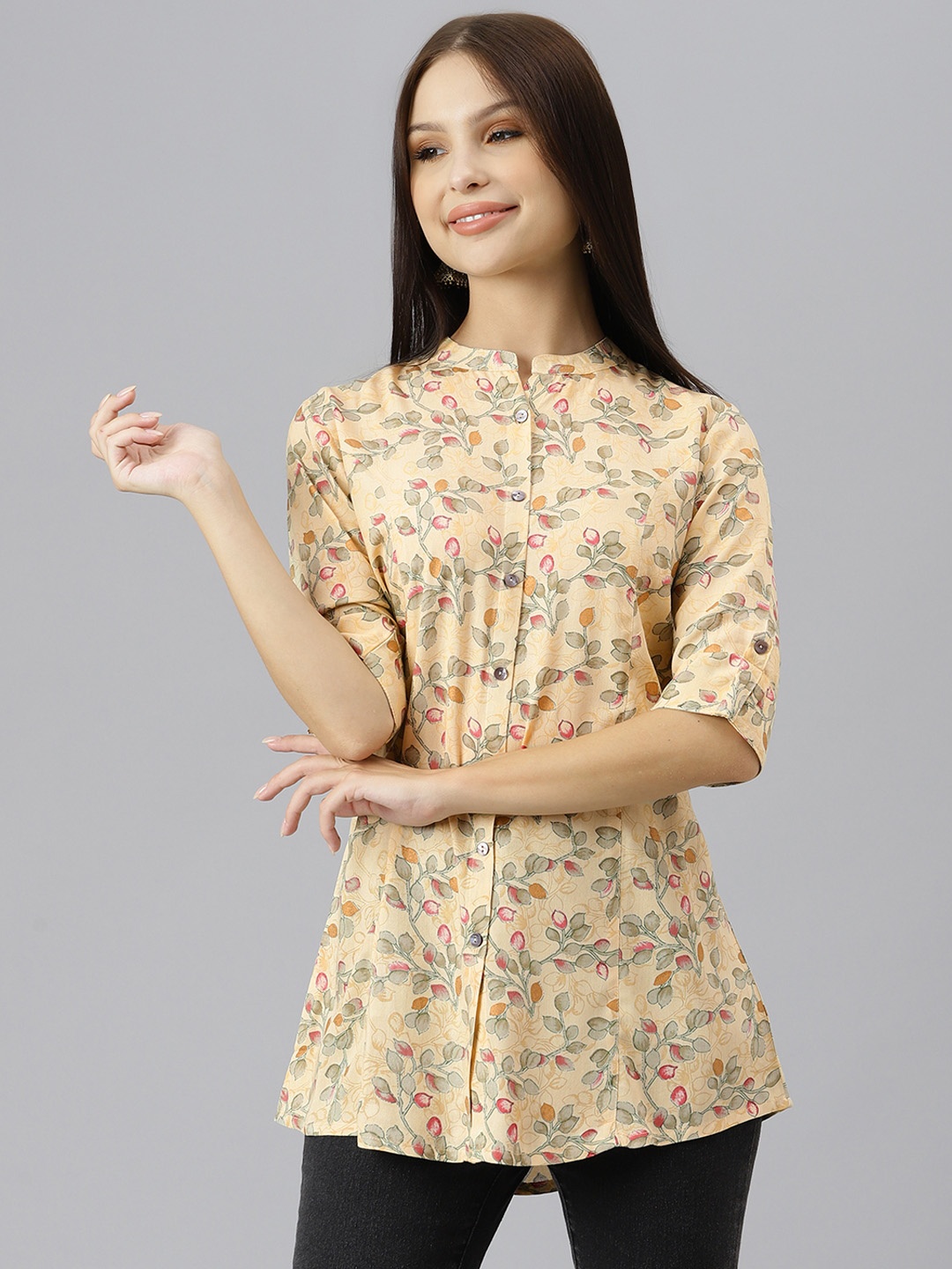 

Divena Beige Floral Print Mandarin Collar Roll-Up Sleeves Shirt Style Top