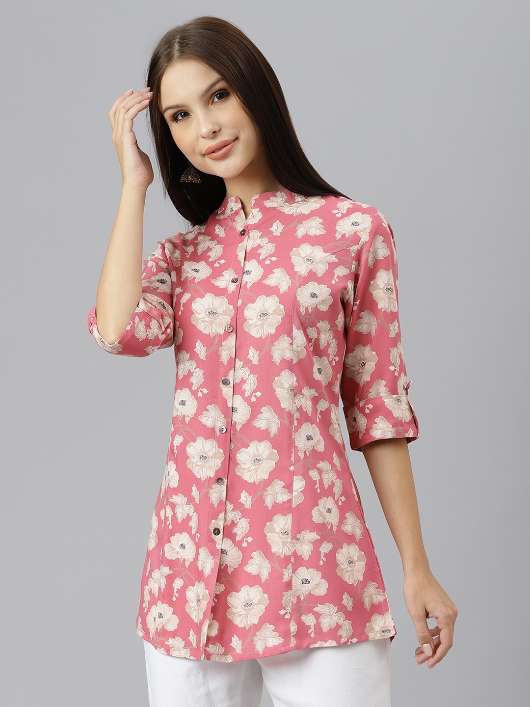 

Divena Pink & White Floral Print Mandarin Collar Roll-Up Sleeves Shirt Style Top