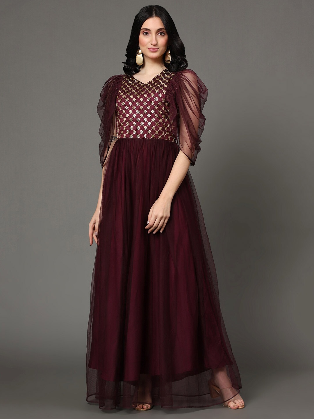 

VAANI CREATION Maroon Net Ethnic Maxi Ethnic Dress