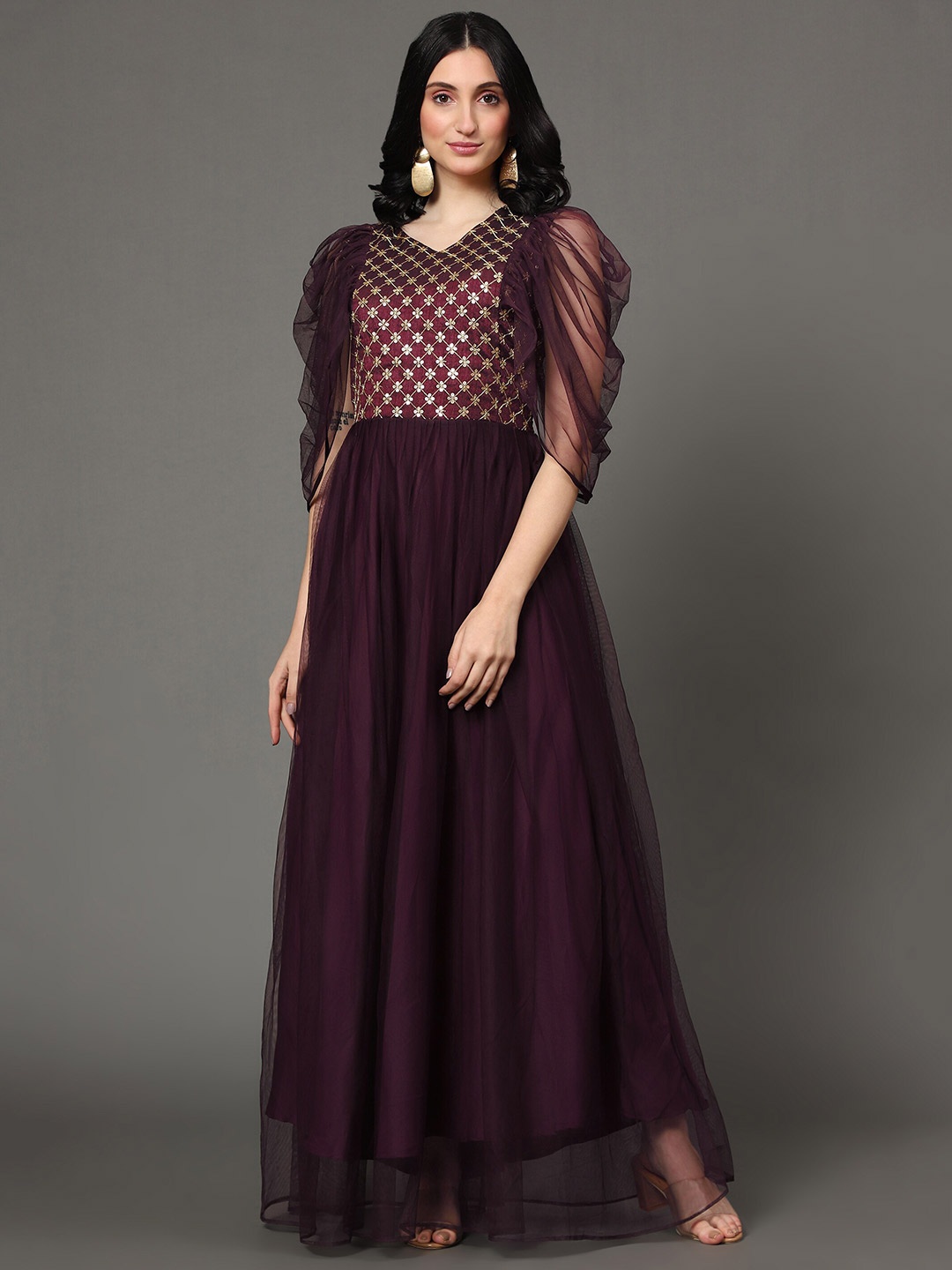 

VAANI CREATION Purple Net Ethnic Maxi Dress