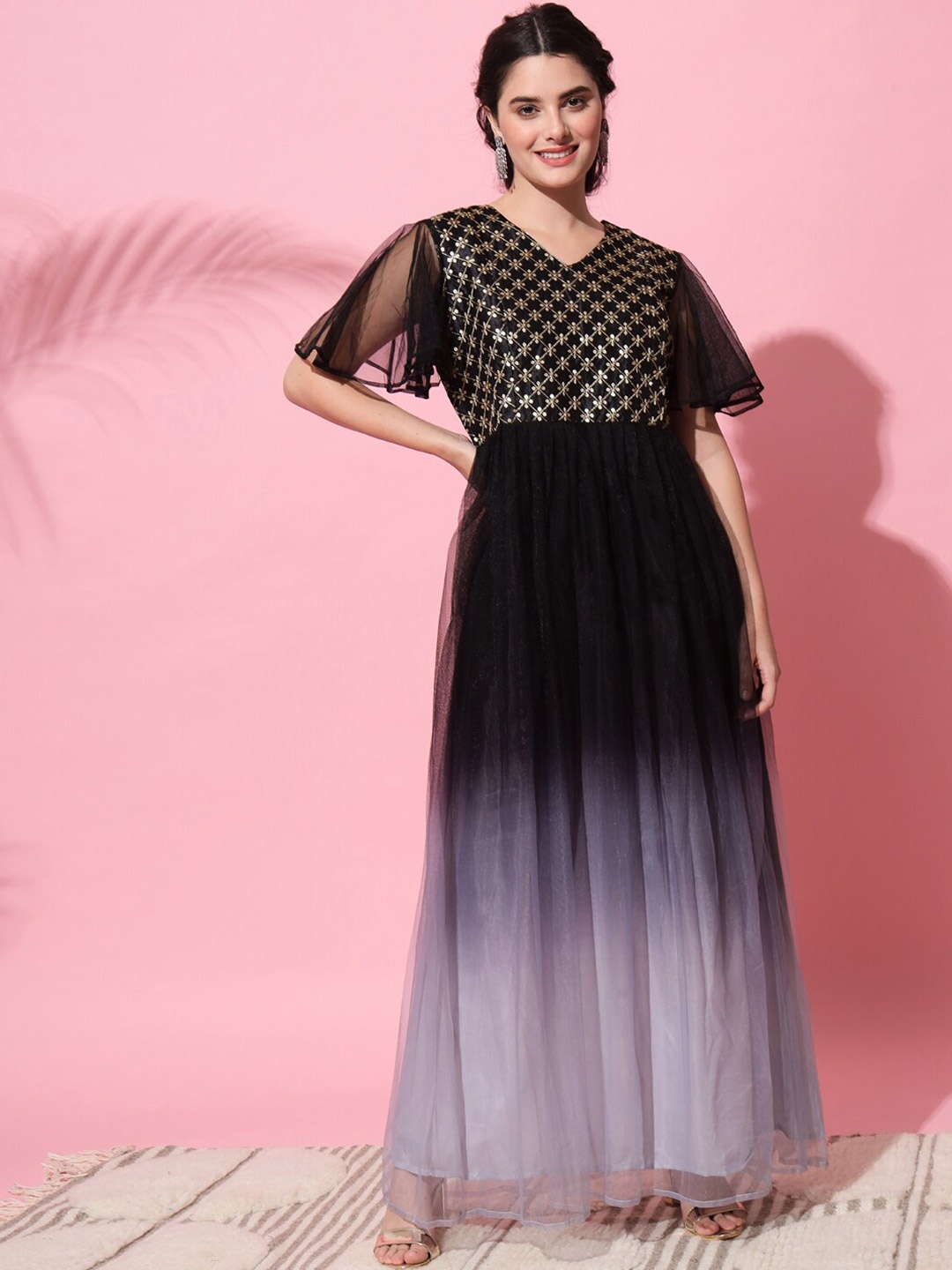 

VAANI CREATION Black Tie and Dye Net Ethnic Maxi Ethnic Dress