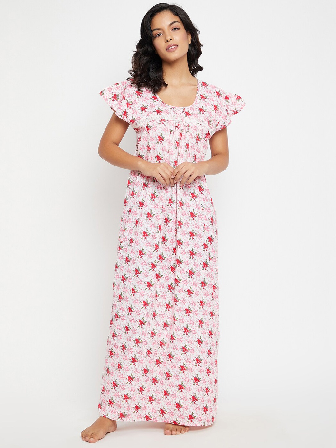 

Clovia Pretty Florals 100% Cotton Nightdress, Pink