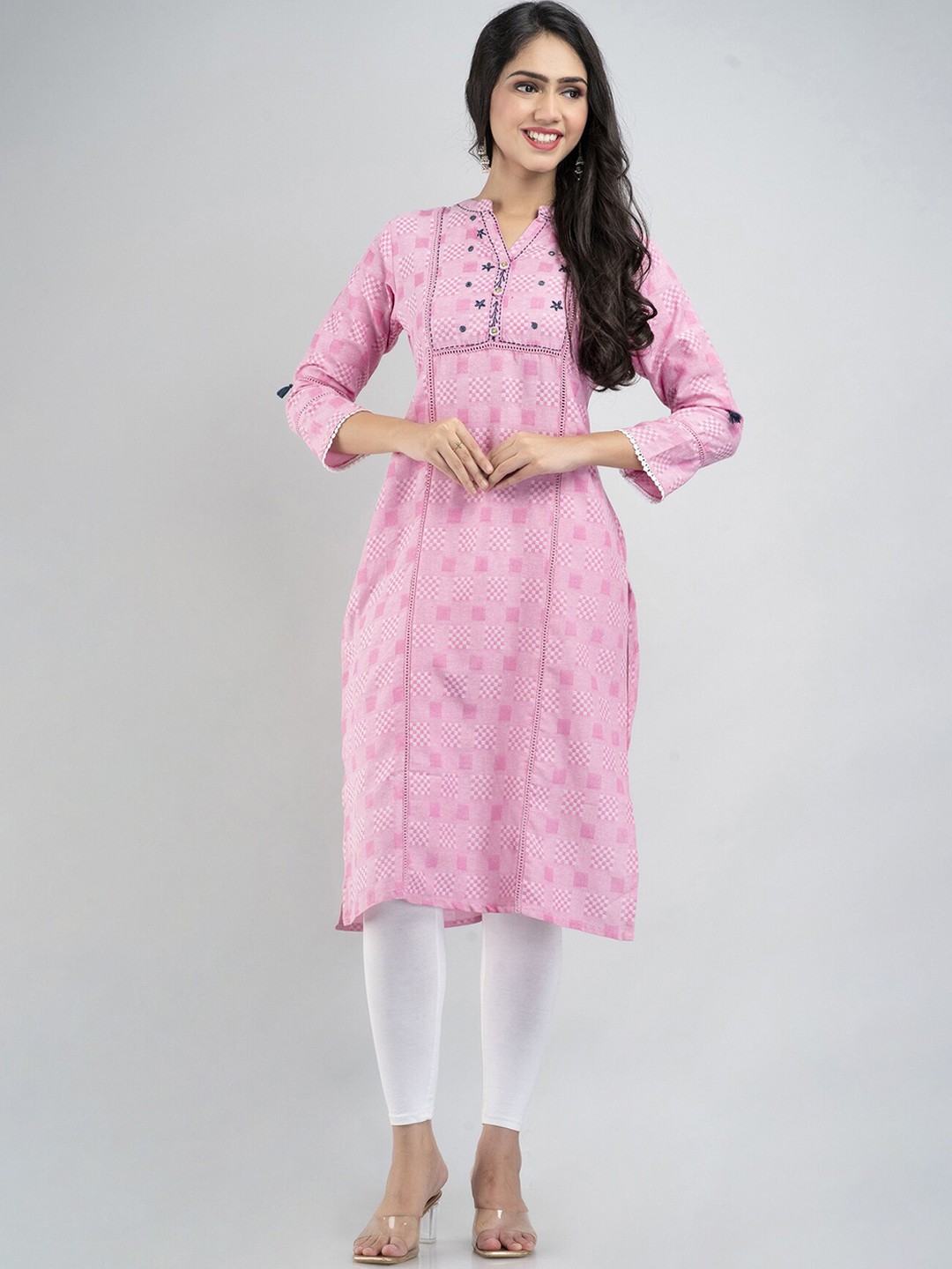 

PREKSHA Women Pink Floral Mirror Embroidered Thread Work Kurta