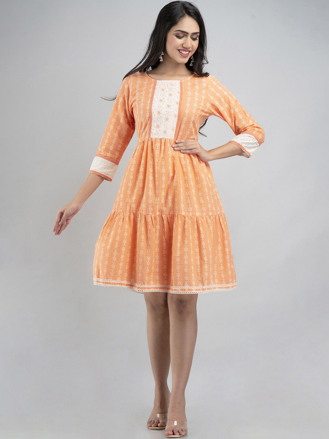 

PREKSHA Orange Ethnic Motifs Embroidery Dress