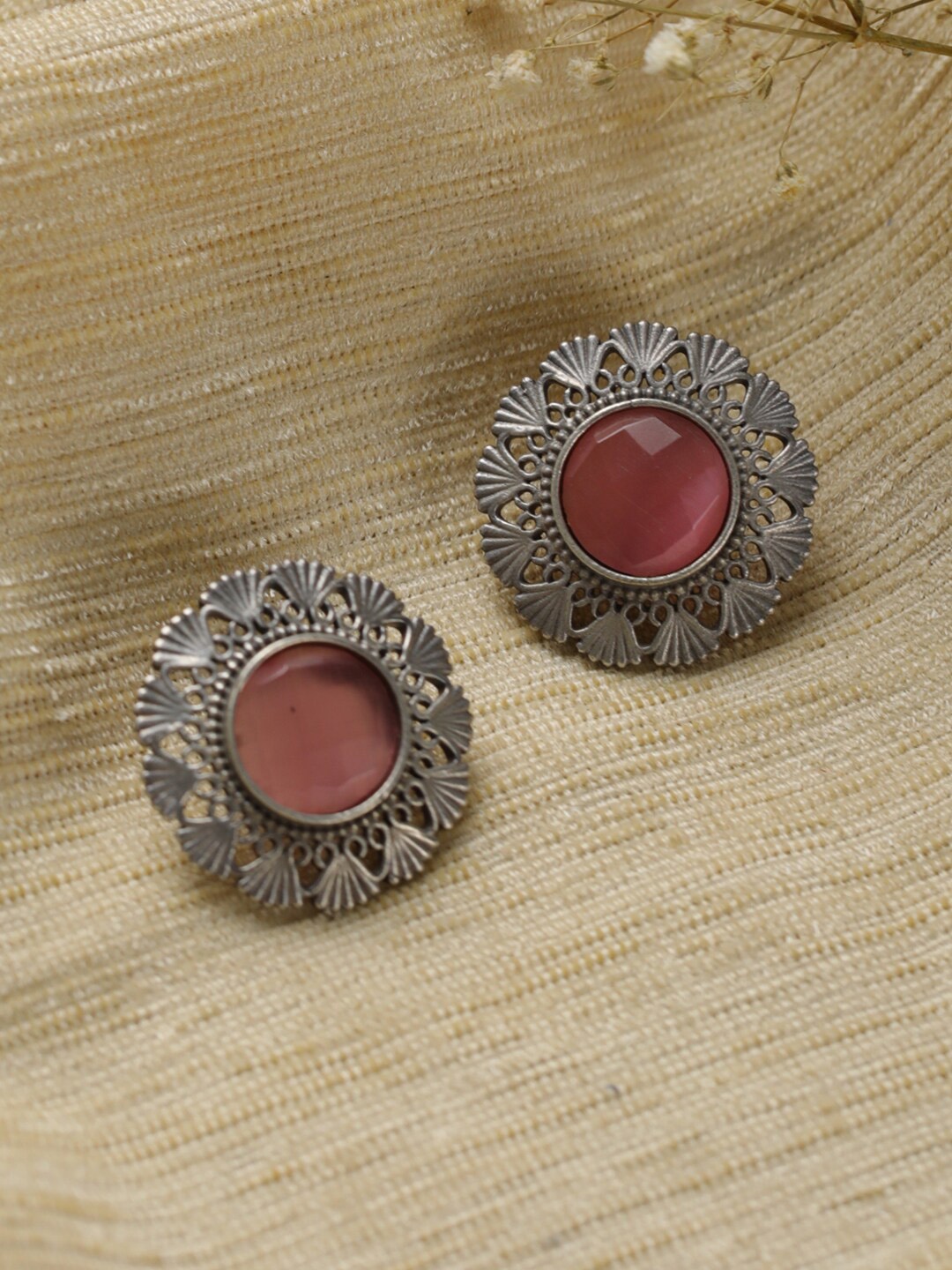 

Priyaasi Silver-Plated & Pink Engraved Oxidised Circular Studs Earrings