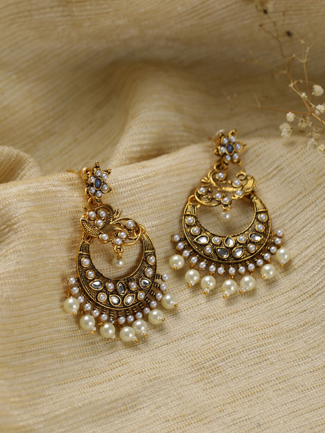 

Priyaasi Gold-Plated & White Contemporary Chandbali Earrings