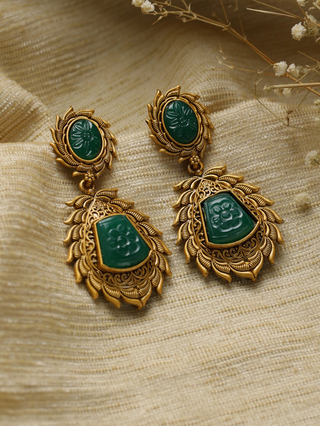 

Priyaasi Gold-Toned & Green Contemporary Gold-Plated Drop Earrings