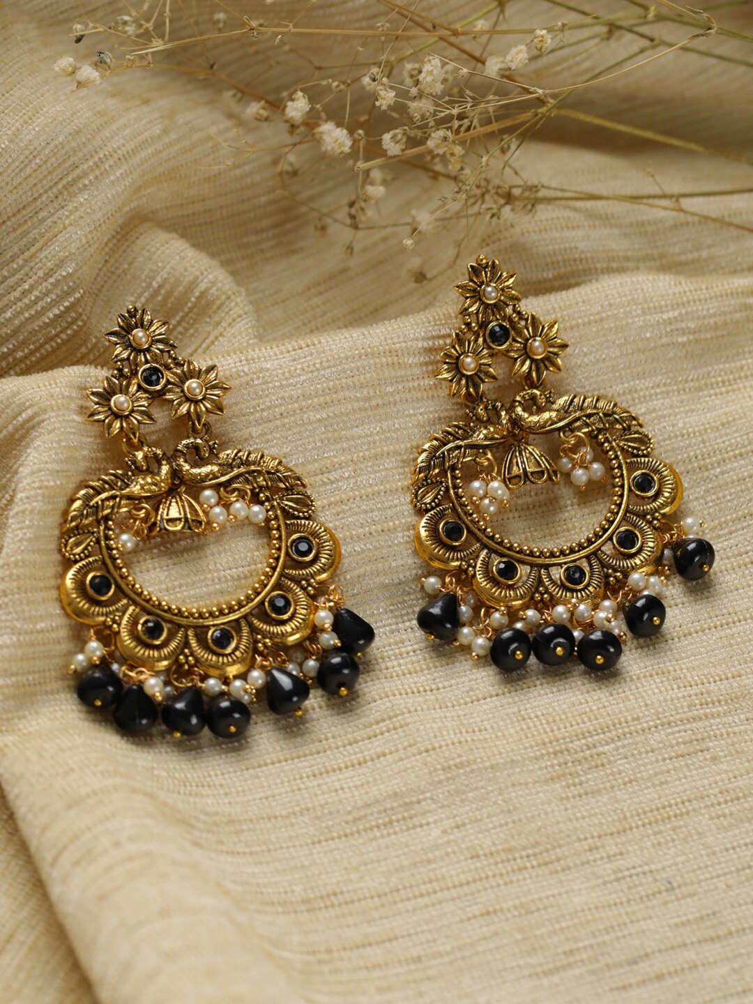 

Priyaasi Gold Plated & Black Studded Floral Bead Chandbalis Earrings