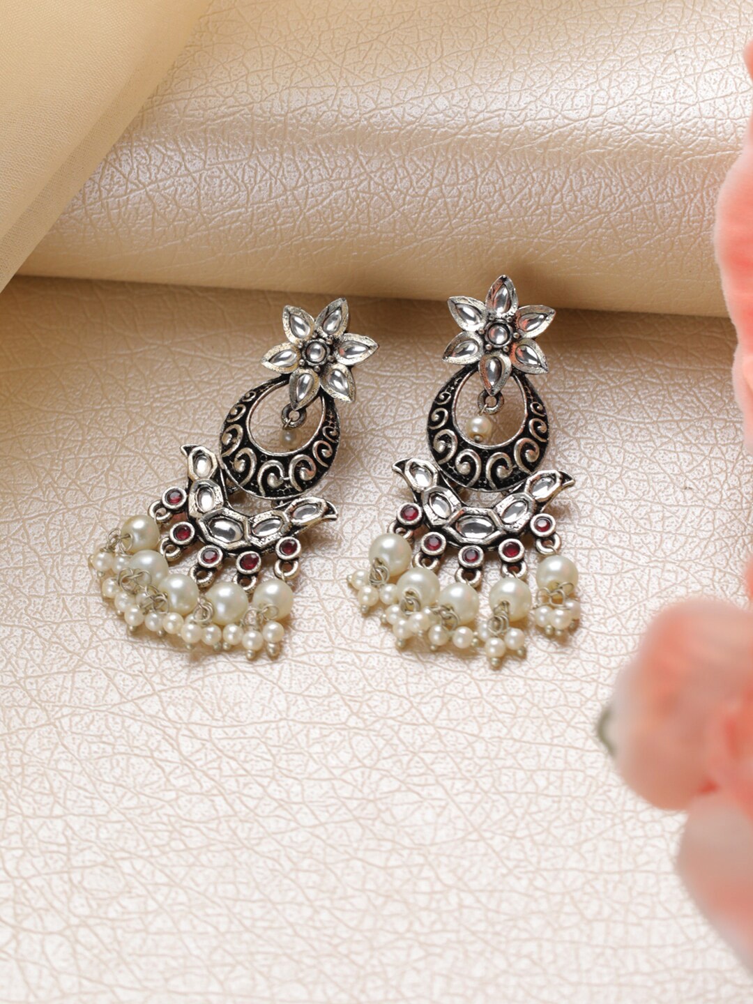 

Priyaasi Silver Plated Floral Pearl Oxidised Silver Drop Earrings