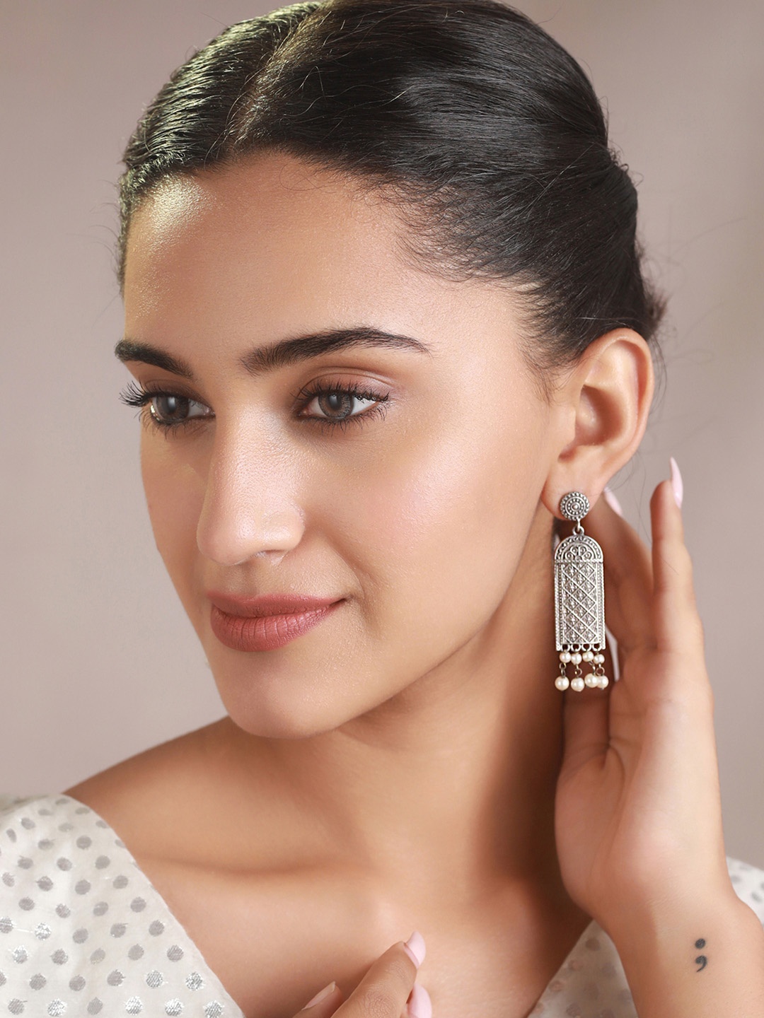 

Priyaasi Silver Plated Pearl Oxidised Silver Drop Earrings