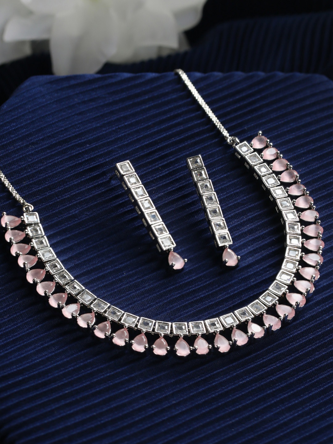 

Silver-Plated & White AD Studded Jewellery Set