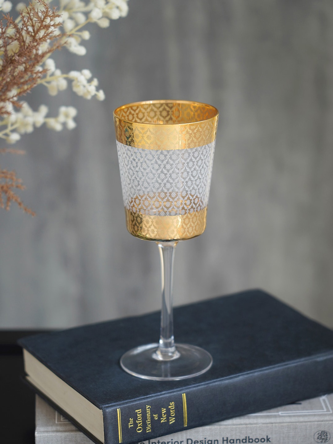 

Pure Home and Living Gold Toned & Transparent Floral Print Glass Candle Holder
