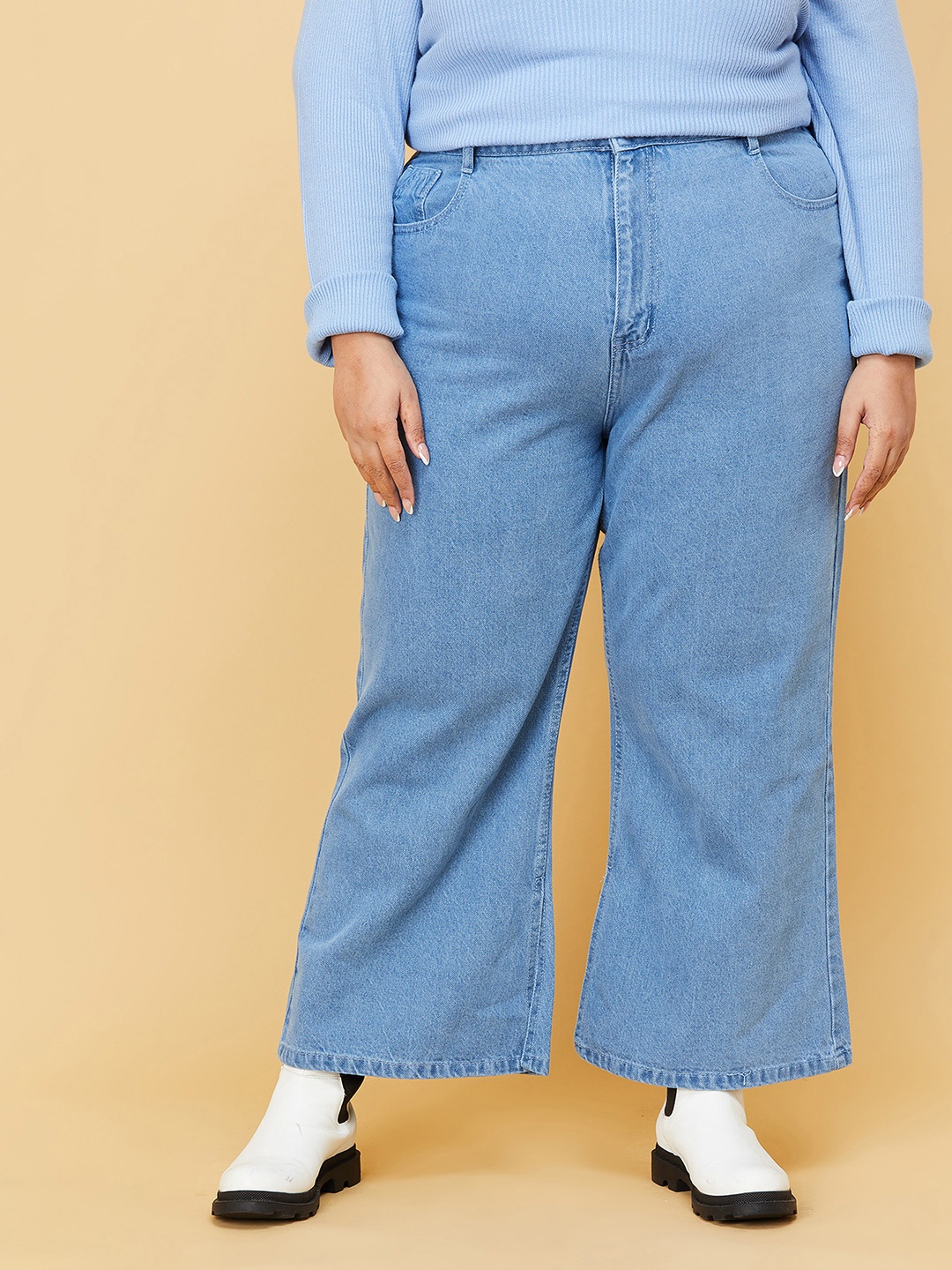 max Women Plus Size Blue Clean Look Pure Cotton Wide Hem Jeans