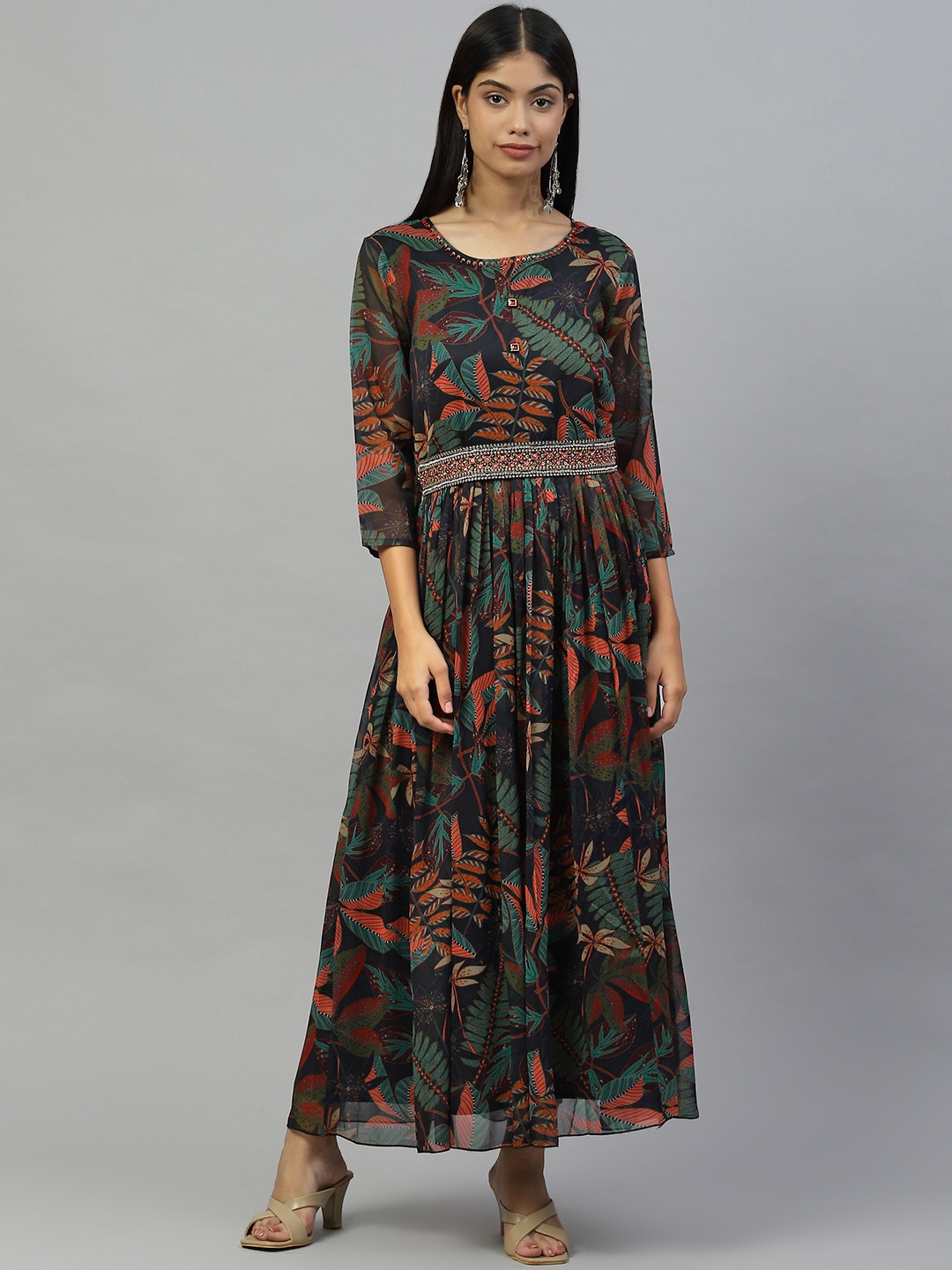 

ZOLA Navy Blue & Green Floral Chiffon Ethnic A-Line Dress