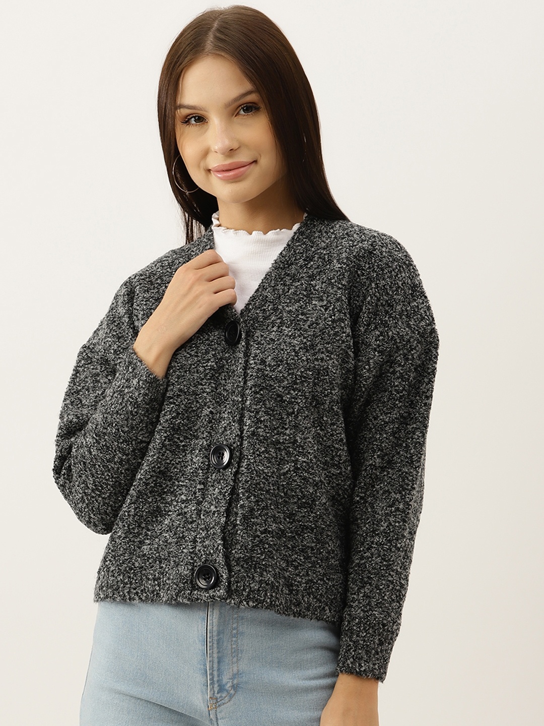 

BROOWL Women Charcoal Grey Woollen Speckled Cardigan