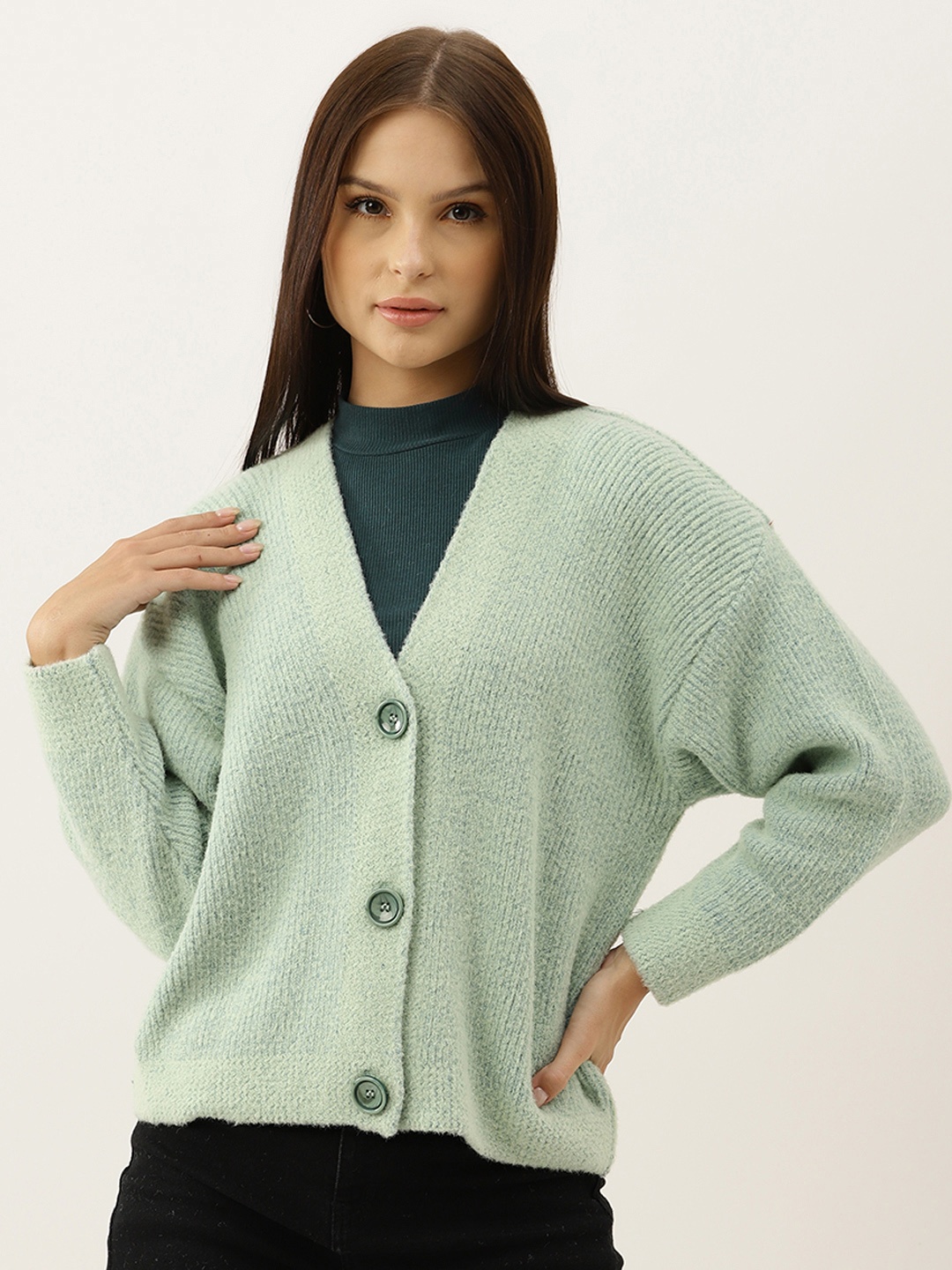 

BROOWL Women Sea Green Woollen Ribbed Cardigan