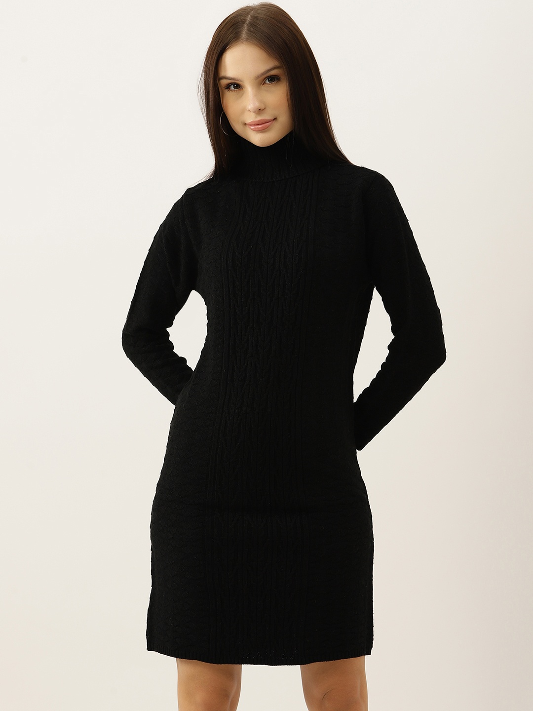 

BROOWL Black Woollen Self-Design Knitted Jumper Dress