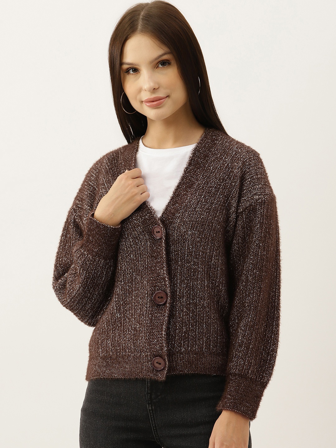 

BROOWL Women Brown Woollen Self-Striped Cardigan