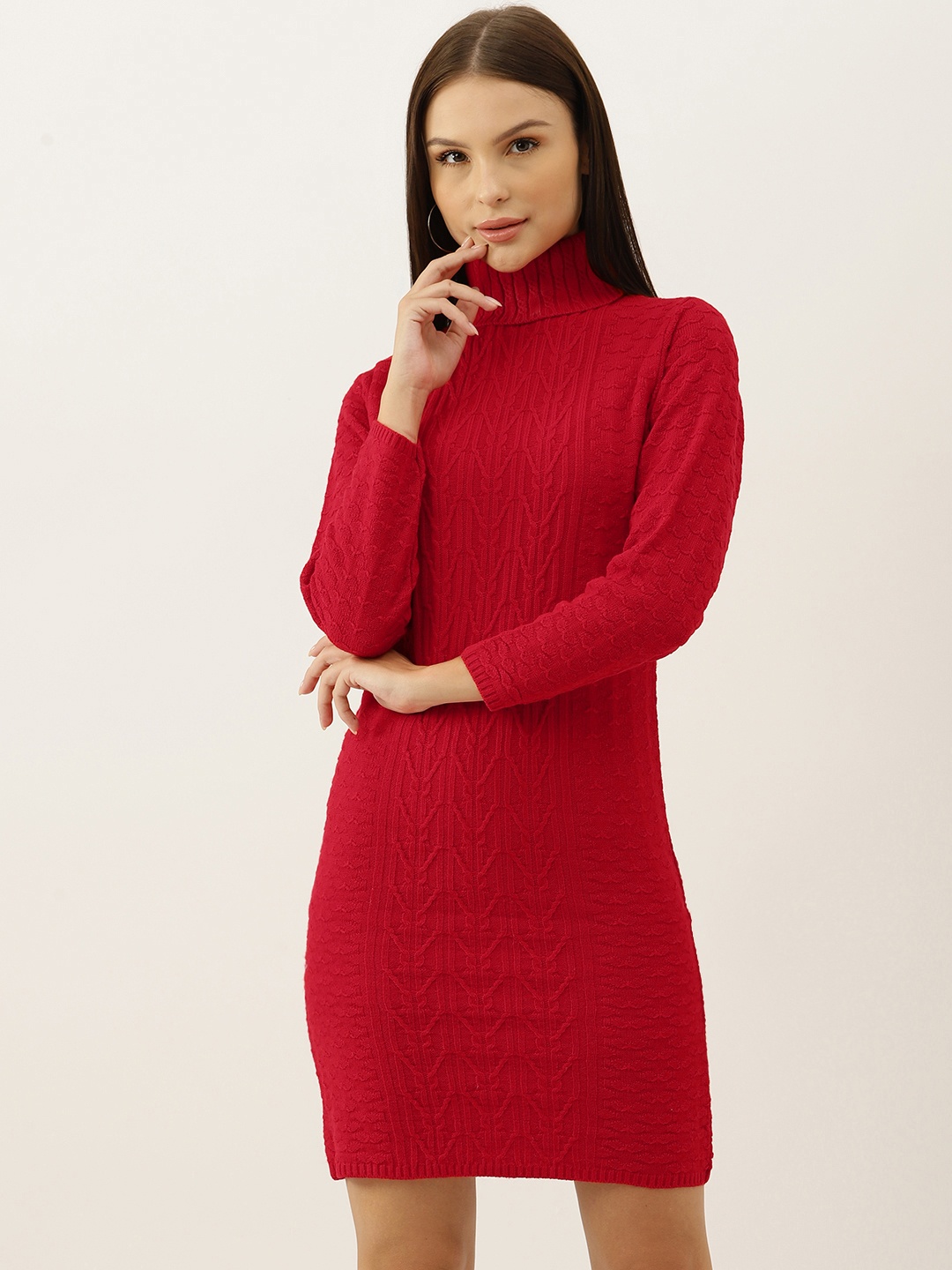 

BROOWL Red Woollen Self-Design Knitted Jumper Dress