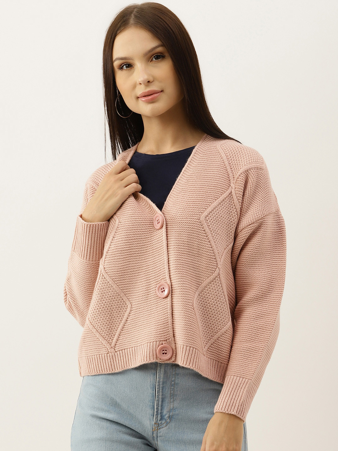 

BROOWL Women Pink Woollen Self-Design Cardigan