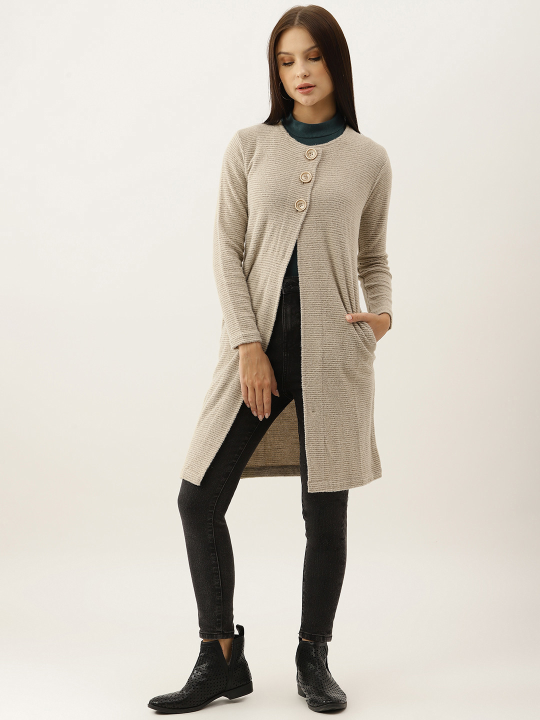 

BROOWL Women Beige Self Design Striped Longline Woollen Cardigan