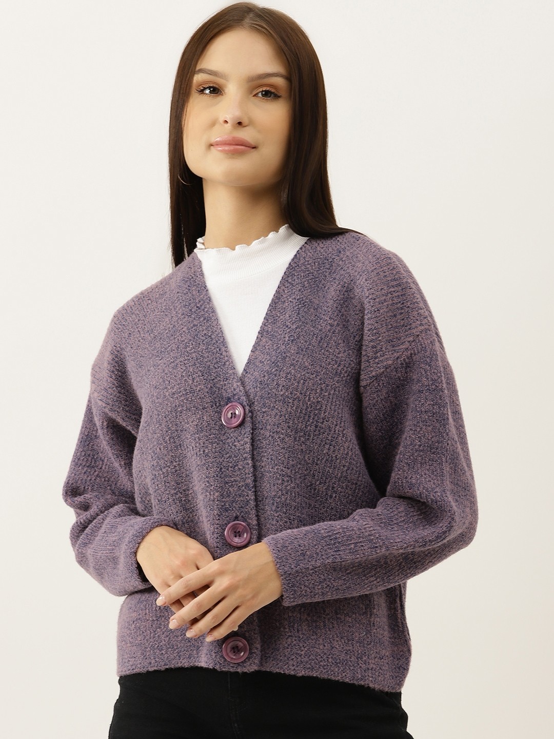 

BROOWL Women Purple Woollen Solid Cardigan