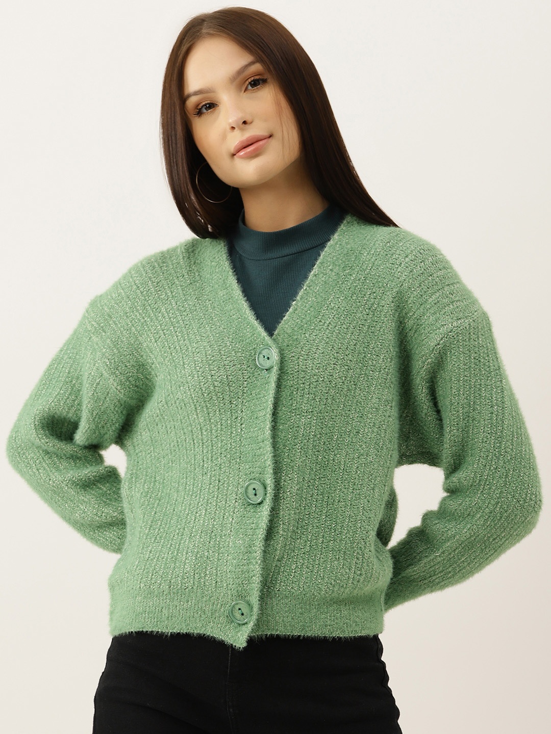 

BROOWL Women Green Woollen Self-Striped Cardigan