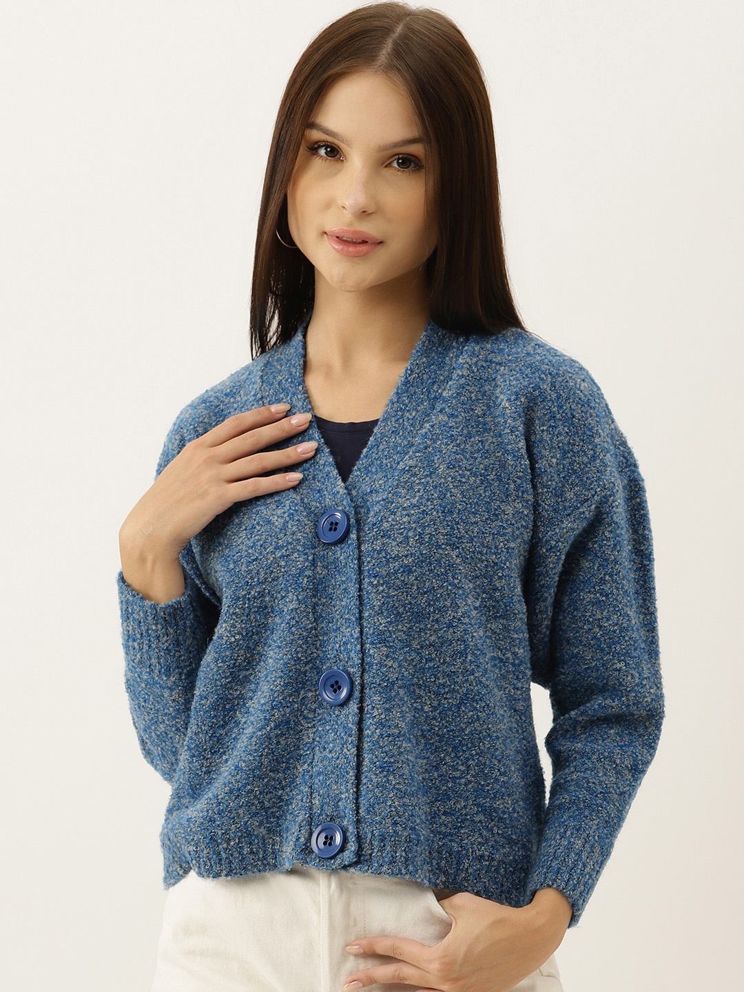 

BROOWL Women Blue Woollen Speckled Cardigan