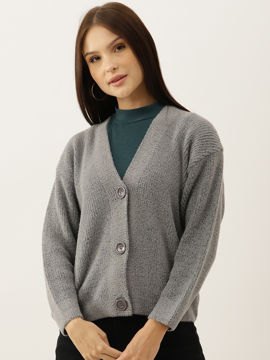 

BROOWL Women Grey Woollen Solid Cardigan
