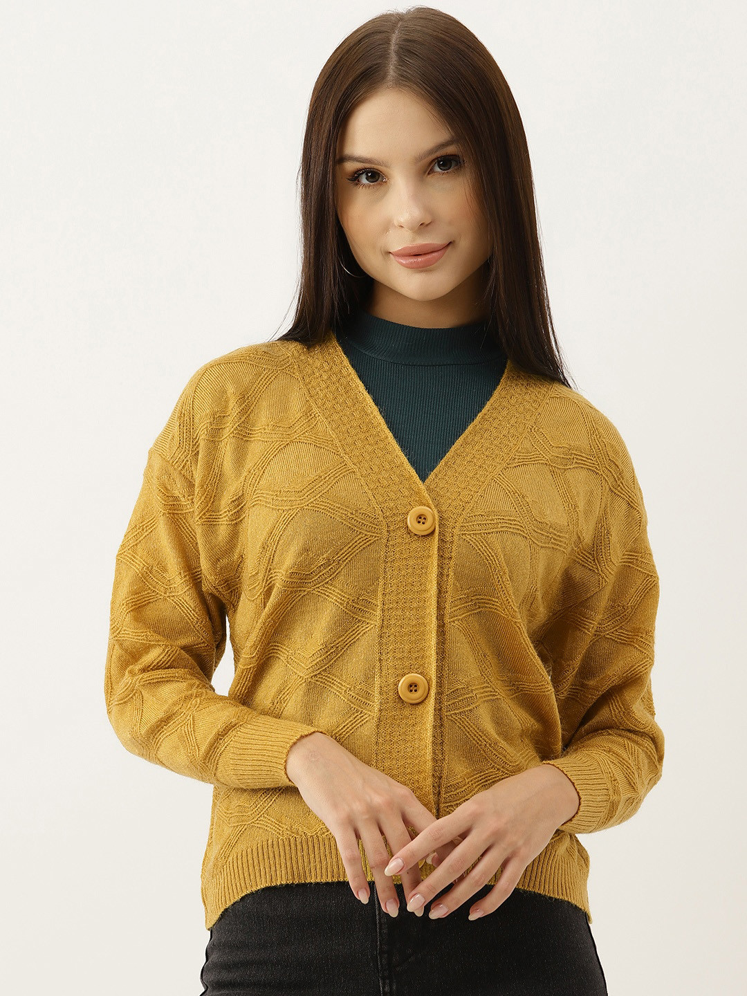 

BROOWL Women Mustard Yellow Woollen Self-Design Cardigan