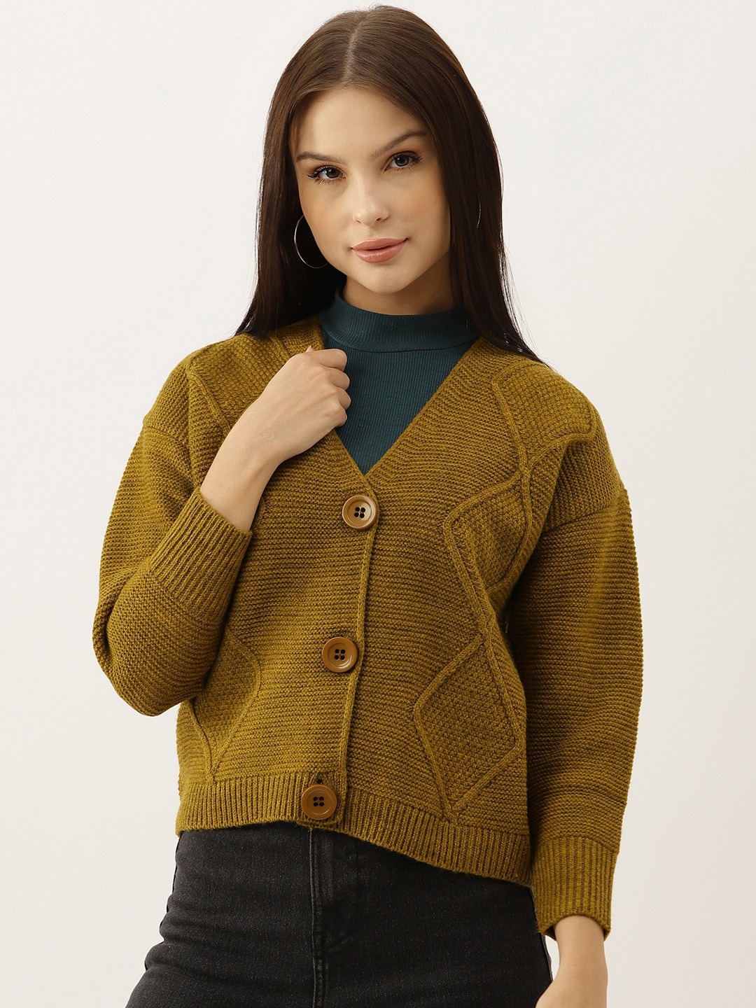 

BROOWL Women Mustard Brown Woollen Self-Design Cardigan