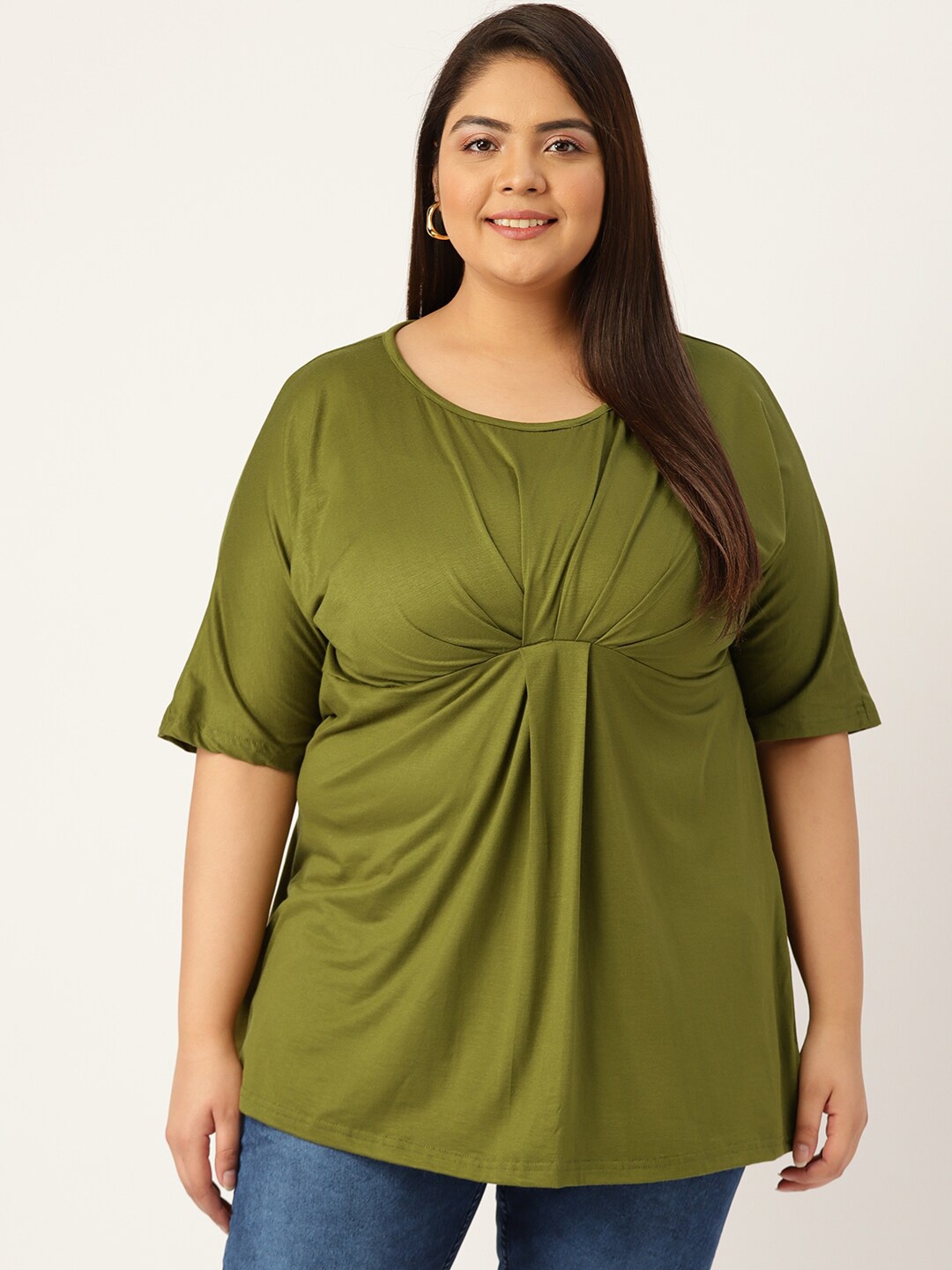 

theRebelinme Plus Size Green Solid Extended Sleeves Empire Top