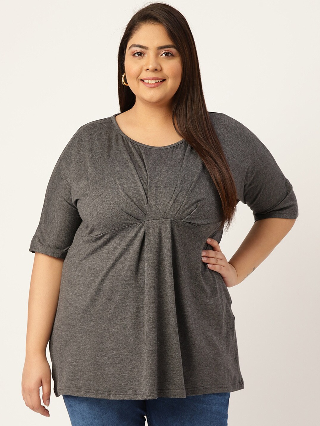 

theRebelinme Women Plus Size Charcoal Grey Solid Front Gather Knitted Top