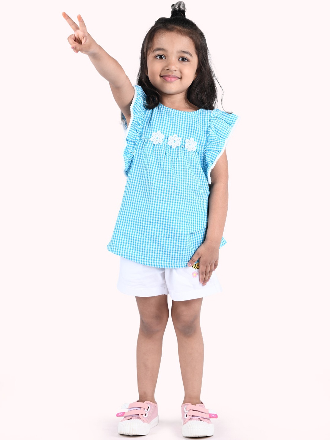 

Zalio Girls Blue & White Pure Cotton Checked Top with Shorts Set