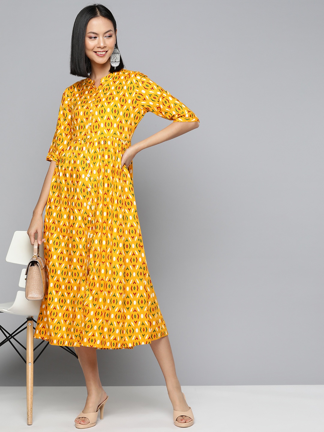 

HERE&NOW Ikat Print A-Line Midi Dress, Mustard