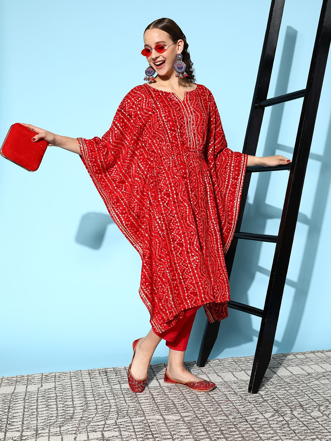 

HERE&NOW Women Red & White Bandhani Printed Kaftan Kurta