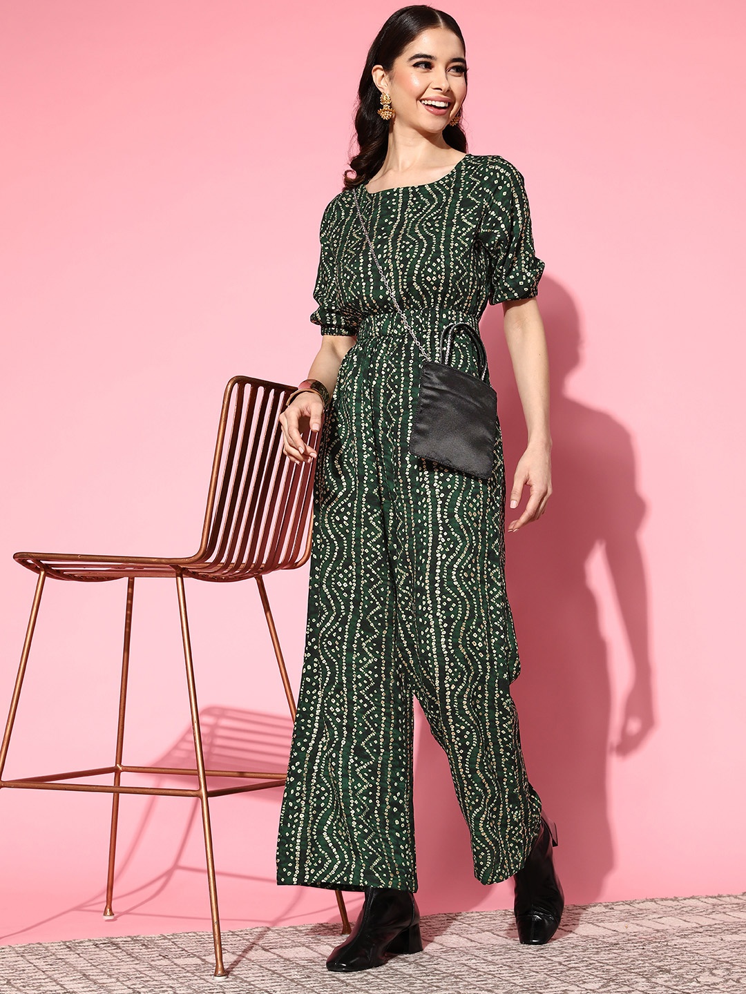 

HERE&NOW Green & Golden Bandhani Print Basic Jumpsuit