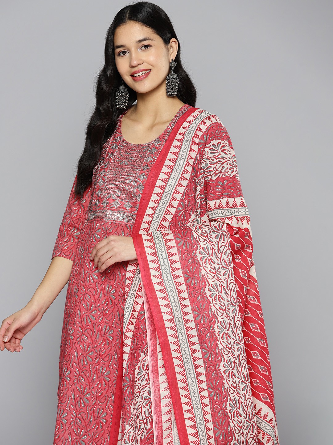 

HERE&NOW Women Coral Pink Ethnic Printed Sequin Pure Cotton Kurta with Trousers & Dupatta