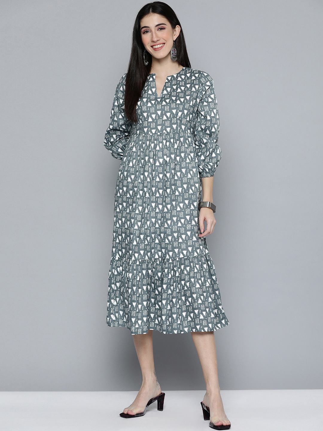 

HERE&NOW Women Green & White Printed V Neck A-Line Pure Cotton Ethnic Dress