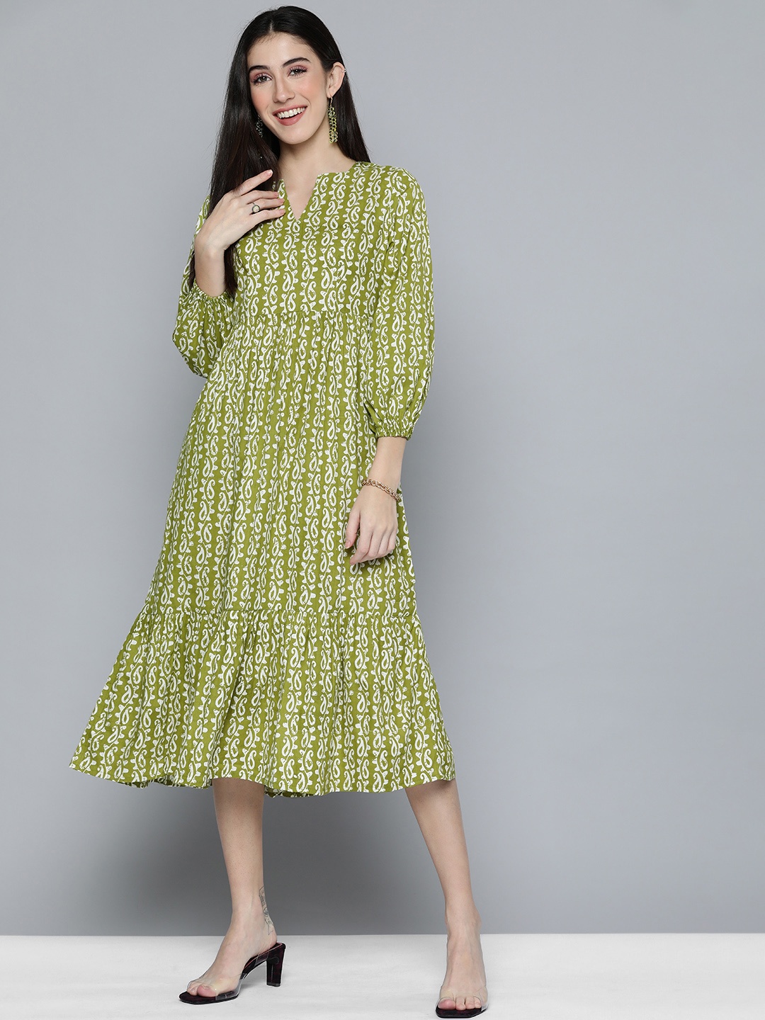 

HERE&NOW Women Green & White Printed V Neck A-Line Pure Cotton Ethnic Dress