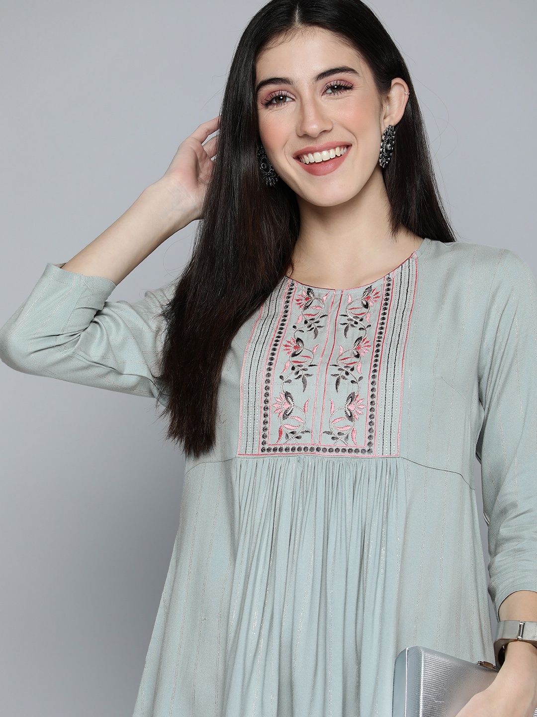 

HERE&NOW Grey Floral Embroidered & Striped Thread Work Festive Pleated Straight Kurti