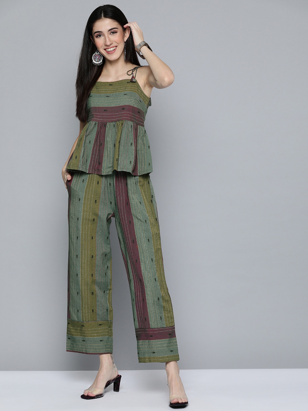 

HERE&NOW Women Printed And Striped Peplum Top with Trousers, Olive