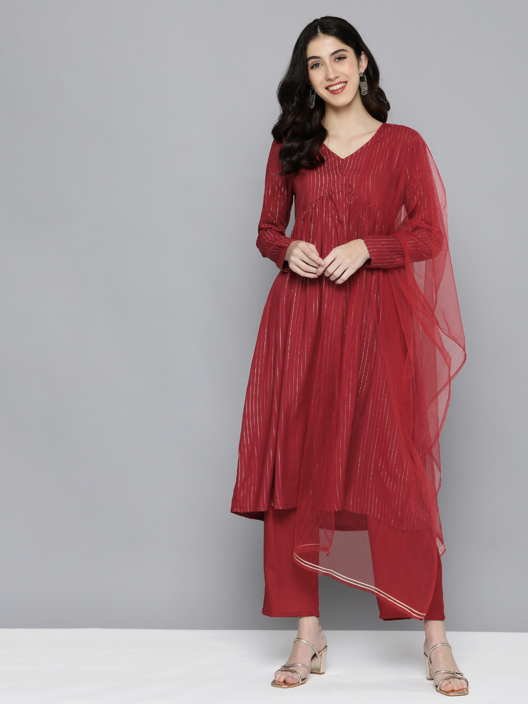 

HERE&NOW Women Maroon Striped Printed Pleated Anarkali Kurta with Trousers & With Dupatta