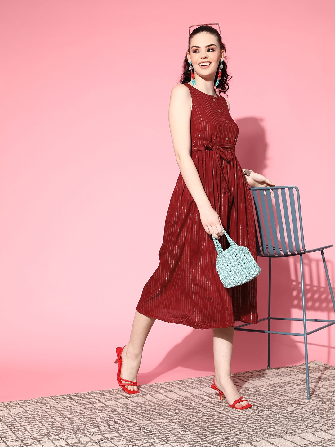 

HERE&NOW Maroon and Silver Striped A-Line Dress With Tie-Up Belt