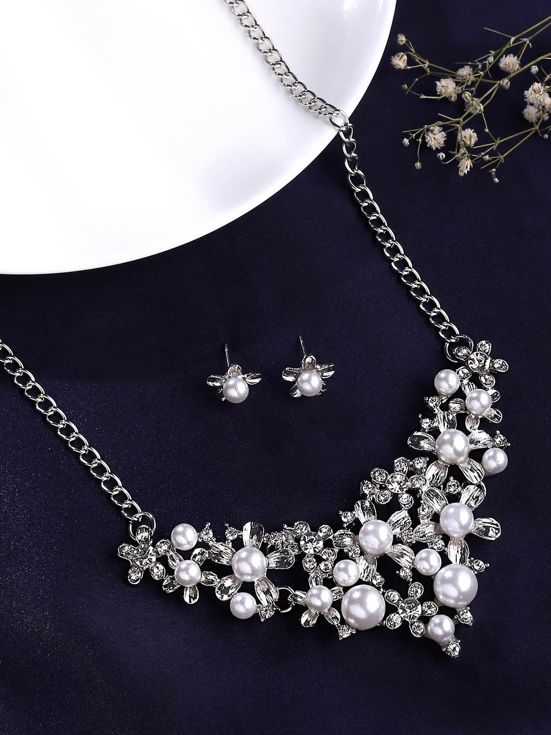 

Yellow Chimes Silver Toned Crystal Pearl Studded Jewellery Set