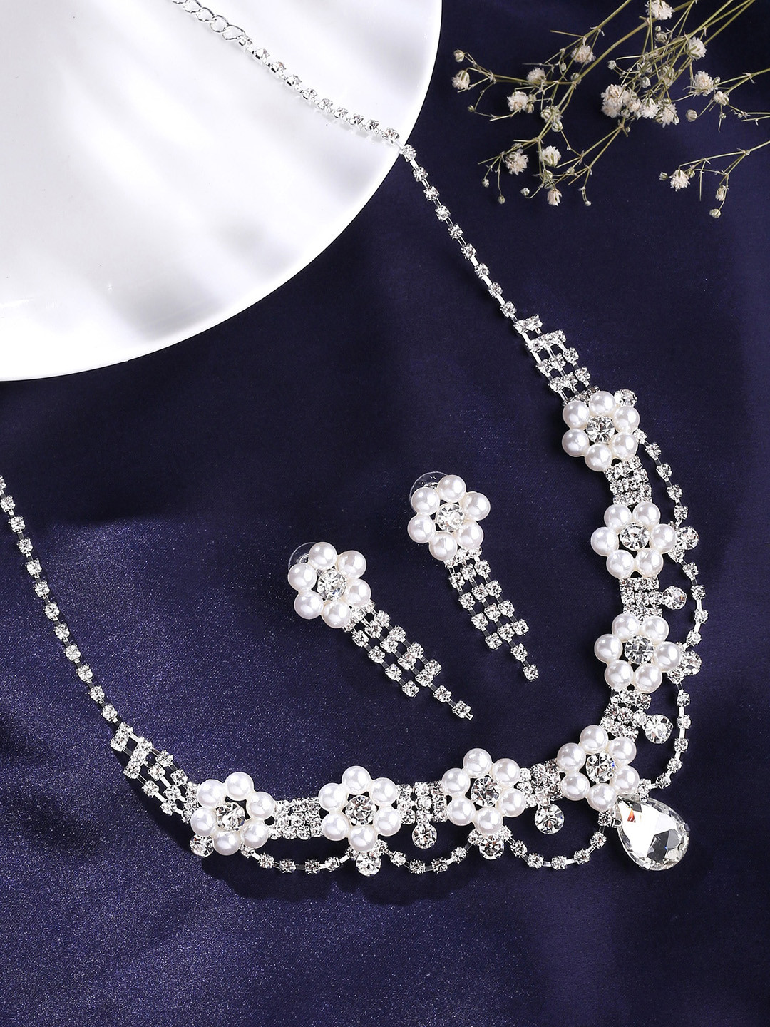 

Yellow Chimes Silver-Plated & White Pearl Studded Choker Jewellery Set