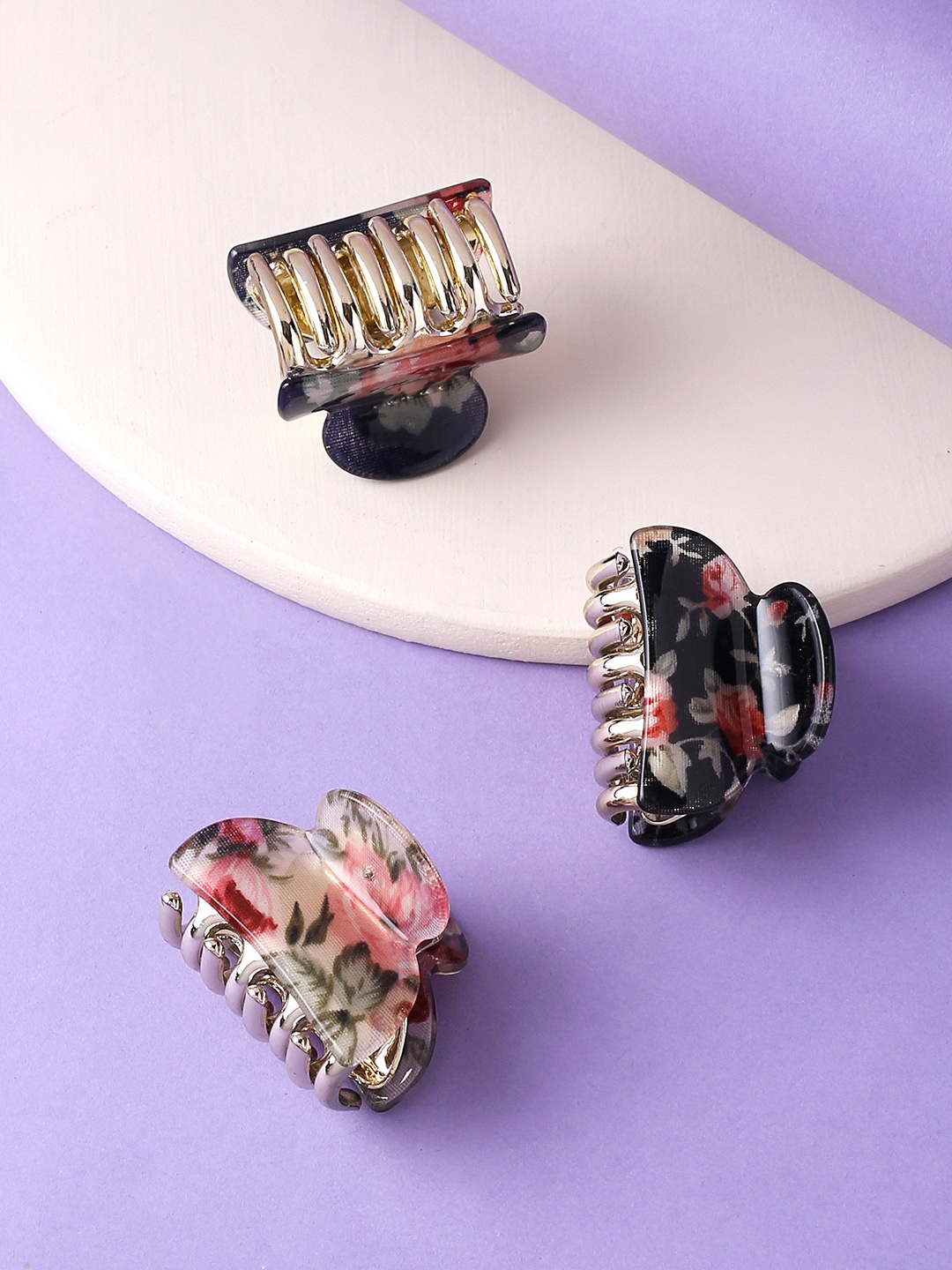 

Yellow Chimes Set of 3 Pcs Floral Printed Designed Hair Claw Clips, Pink
