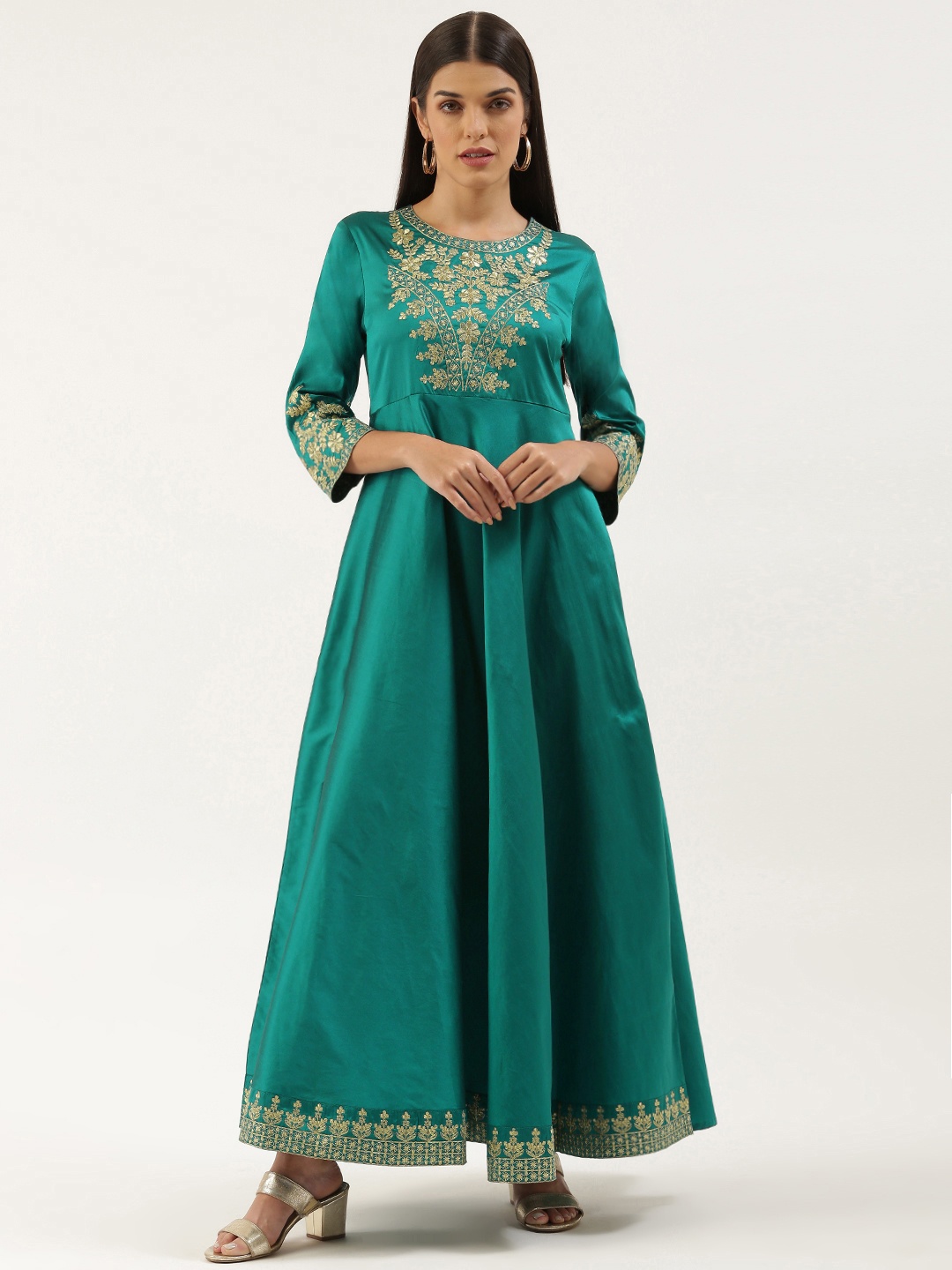 

SWAGG INDIA Teal Blue & Golden Embroidered Ethnic Gown